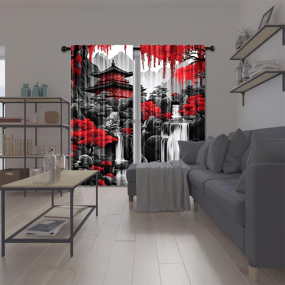 2pcs Japanese Landscape Ink Painting Polyester Curtains, Semi-Sheer Rod Pocket, Machine Washable, Decorative Panels for Bedroom,