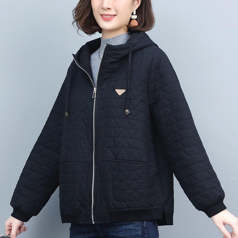 

Женская стеганая хлопковая куртка большого размера с капюшоном - Осенне-зимняя одежда для похудения для женщин среднего возраста M - 100-120 jin чёрный