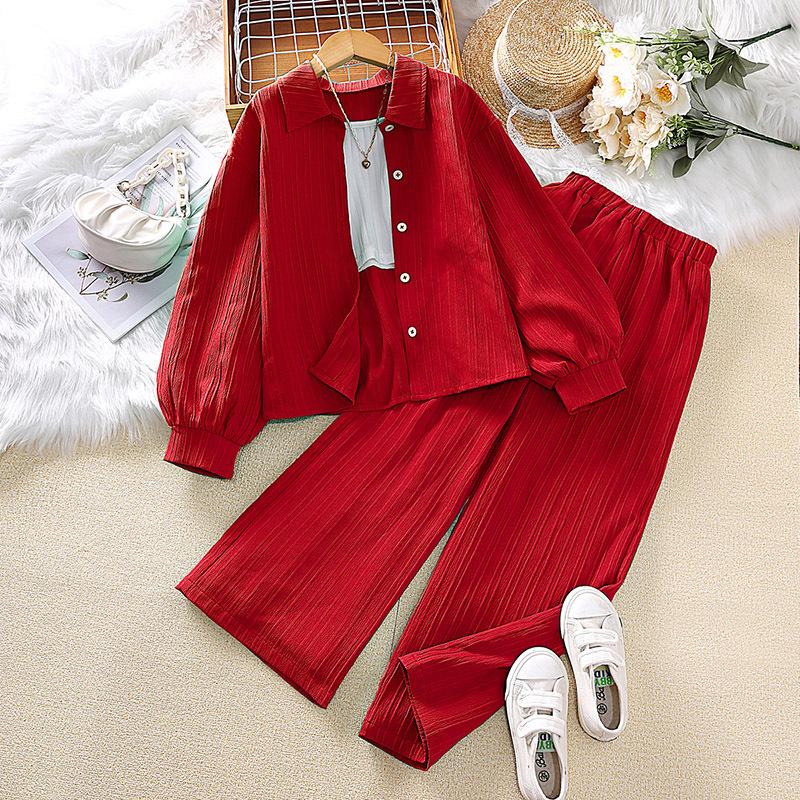 Flickset Skjorta Långärmad Kappa Lös Casual Långbyxor Flickor Koreansk Stil Kostymer Sommar Mode Set