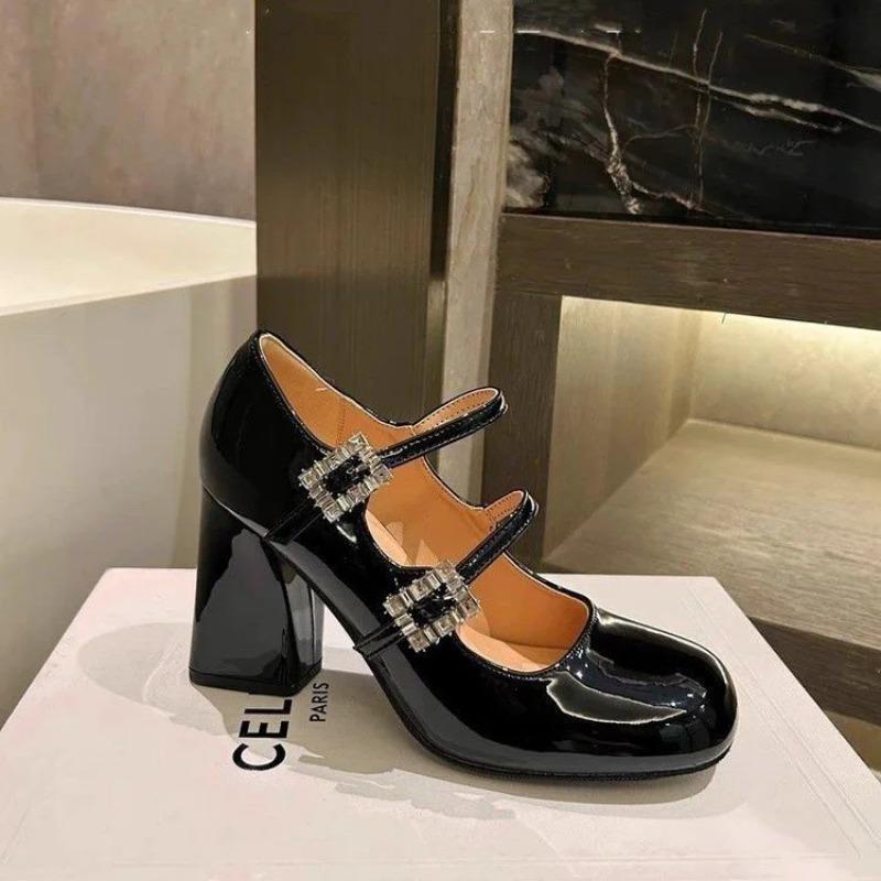 Fashion 2024Mary Jane Chunky Heels Women's Square Head High  Temperament Line with Rhindiamonds Patent Leather Professional Shoes