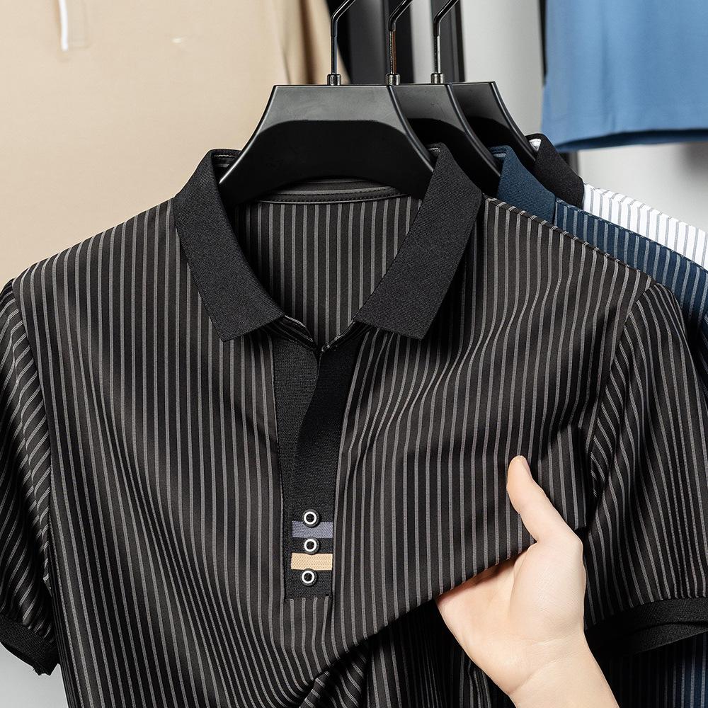 Traceless Lapel Striped Short-Sleeved T-Shirt Father Dress Short-Sleeved Polo Shirt Men