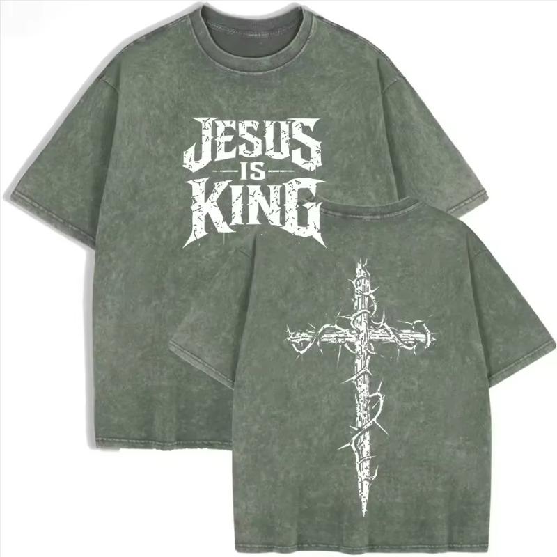 Asian Size Jesus Is King Cross Graphic Washed T Shirt Vintage Distressed Oversized Short Sleeve Streetwear Tee