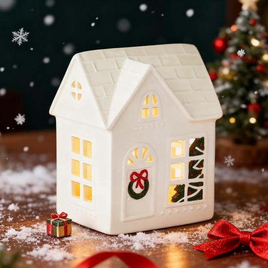 Christmas Village House Figurine LED Lighted White Small House Tabletop Decoration Winter Rustic Farmhouse Holiday Decor for Mantel Tabletop Room
