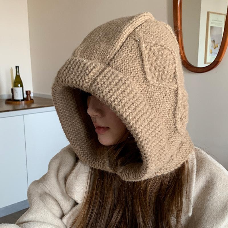 

Корейская зимняя новая версия шапки-балаклавы для женской теплой толстой мятой роговой пряжки для защиты ушей головной шапки one size