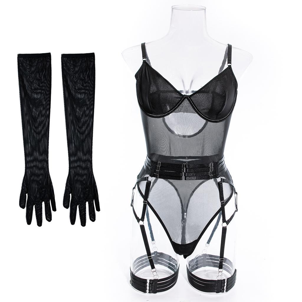 Europe and the United States Fully Managed Hot-selling Lingerie Straps Splicing Slim Straps Gloves Three-piece Set In Stock