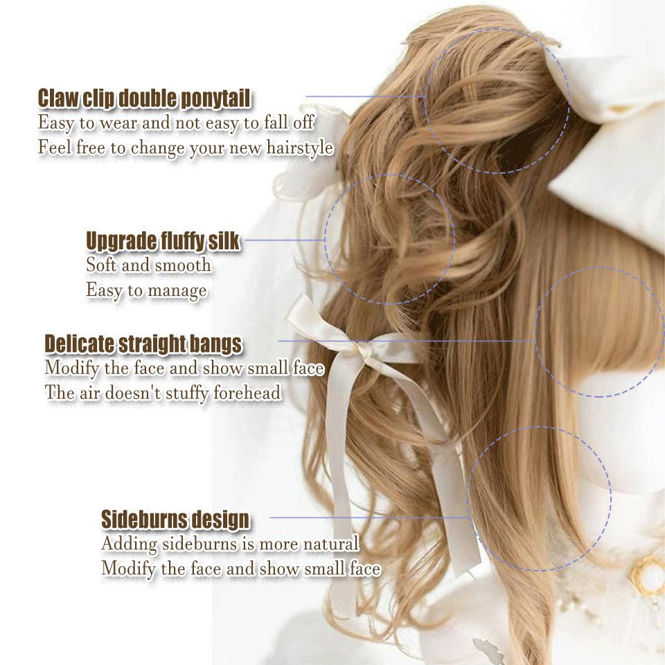 Linen Gold Double Ponytail Synthetic Wig Female Natural Elegant Linen Gold Long Curly Lolita Double Ponytail Full Head Wig