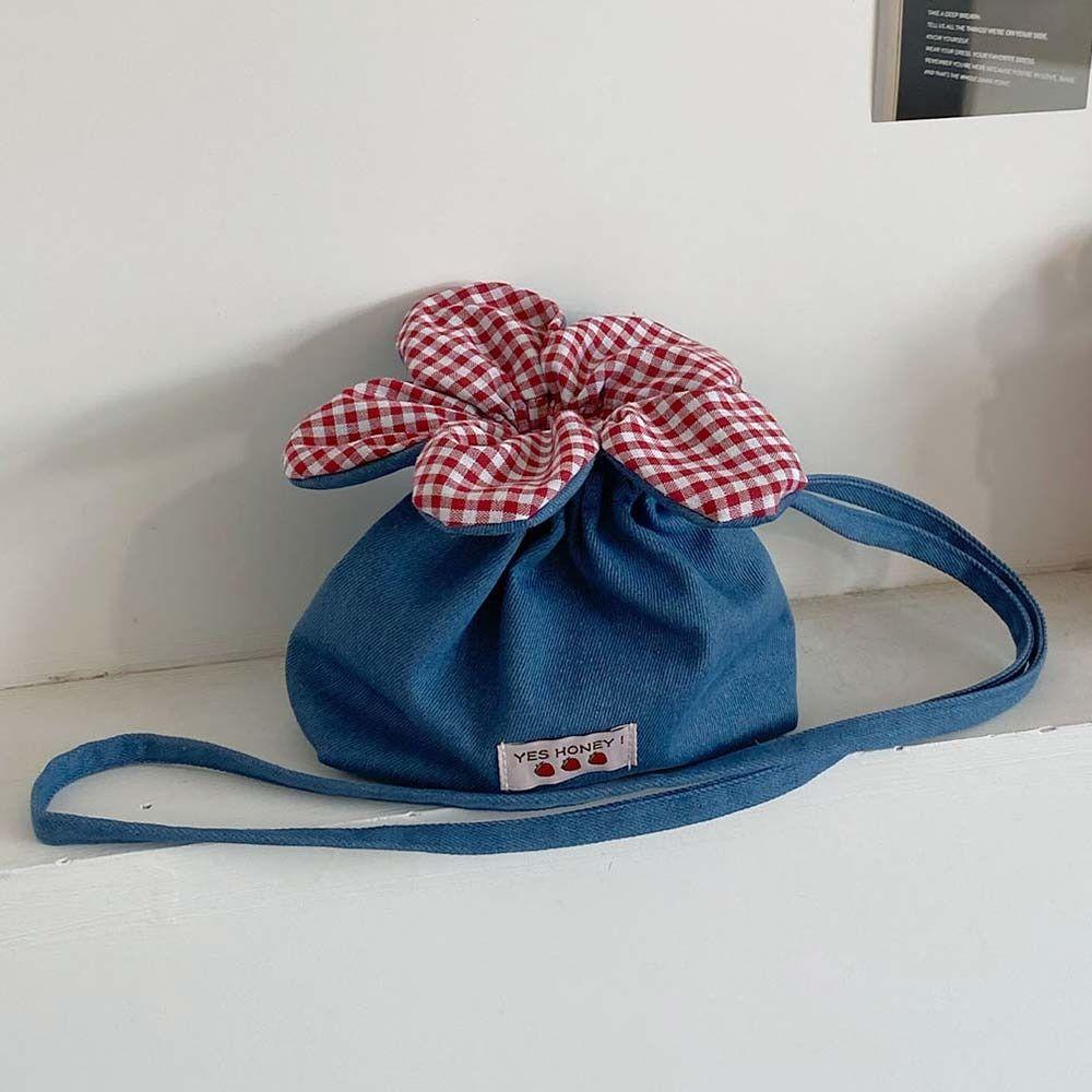 New Design Denim Bundle Pocket Flower Drawstring Bag Candy Color Multifunctional Checkered Flower Bucket Bag Casual Shoulder Bag