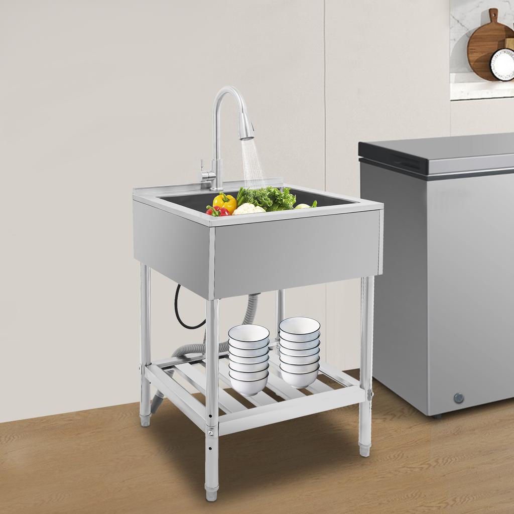 Kitchen Single Bowl Sink Stainless Steel Freestanding Adjustable Temperature Sinks w/Faucet&Drain Pipe for Restaurants