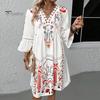 Summer Lady Dress Hollow Out Lace Patchwork Bohemian Three Quarter Sleeves Loose V Neck Printed Pleated Knee Length Vacation Beach Midi Dress
