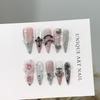 Handmade Pink Cat Eye Press-On Nails Long Pointed Shape 3D Floral Embossed Nail Tips Women