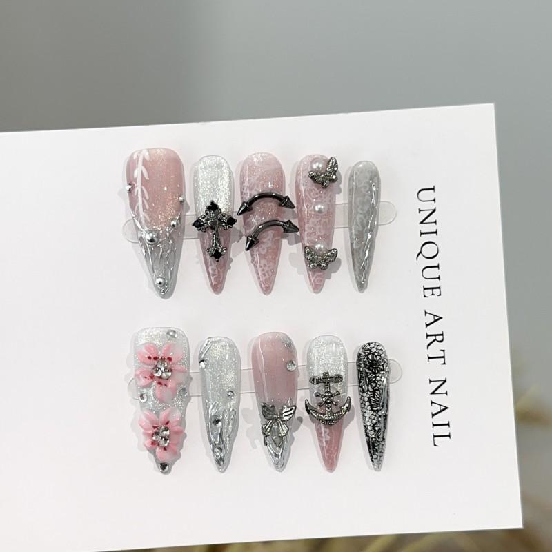 Handmade Pink Cat Eye Press-On Nails Long Pointed Shape 3D Floral Embossed Nail Tips Women