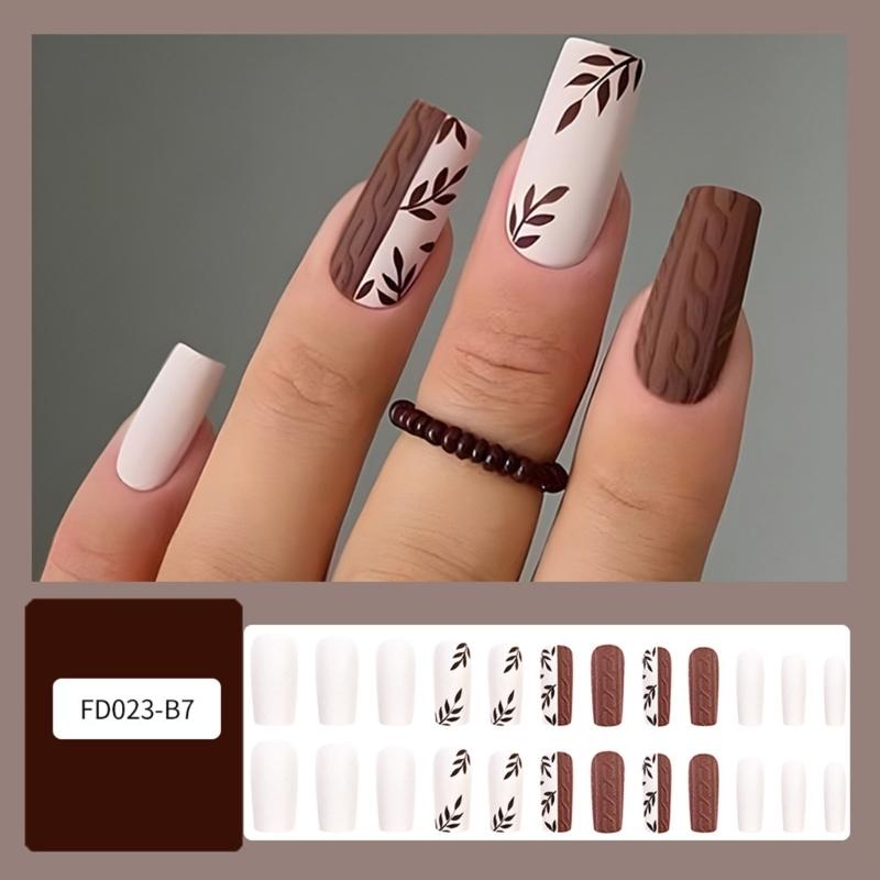 24 Pcs Simple Leaves Artificial Nail Stylish Full Cover Stick on Nail 3D False Nail Medium Coffin Press On Nail