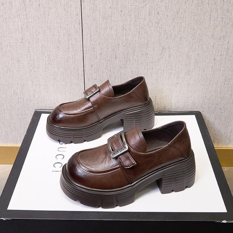 2025 Spring New Leather Platform Loafers Women's Comfortable Height Increase Soft Sole Single Shoes Small Versatile Small Leather Shoes