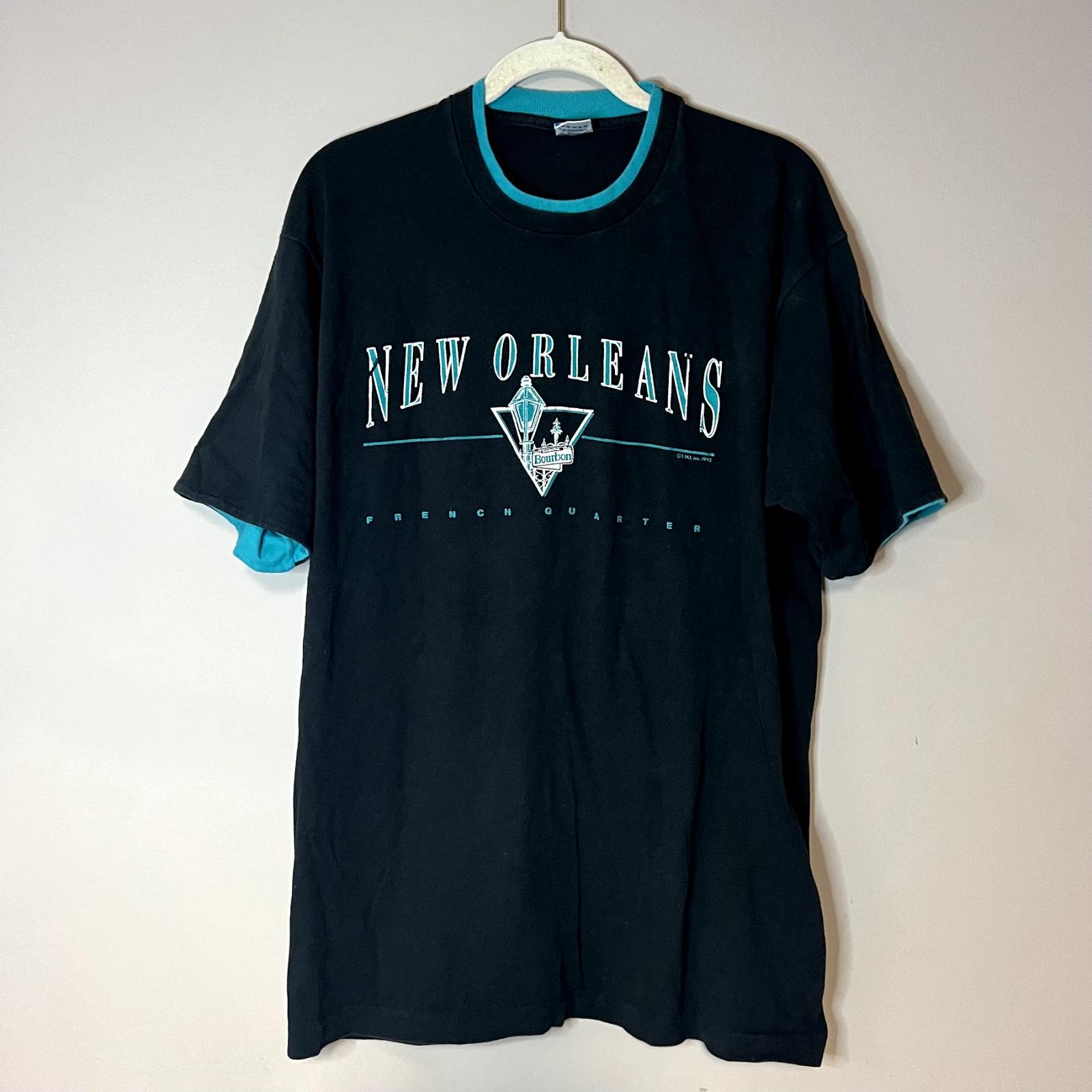 

VTG 90s New Orleans French Quarter Bourbon St Graphic Tshirt Black Teal 1992 XL S