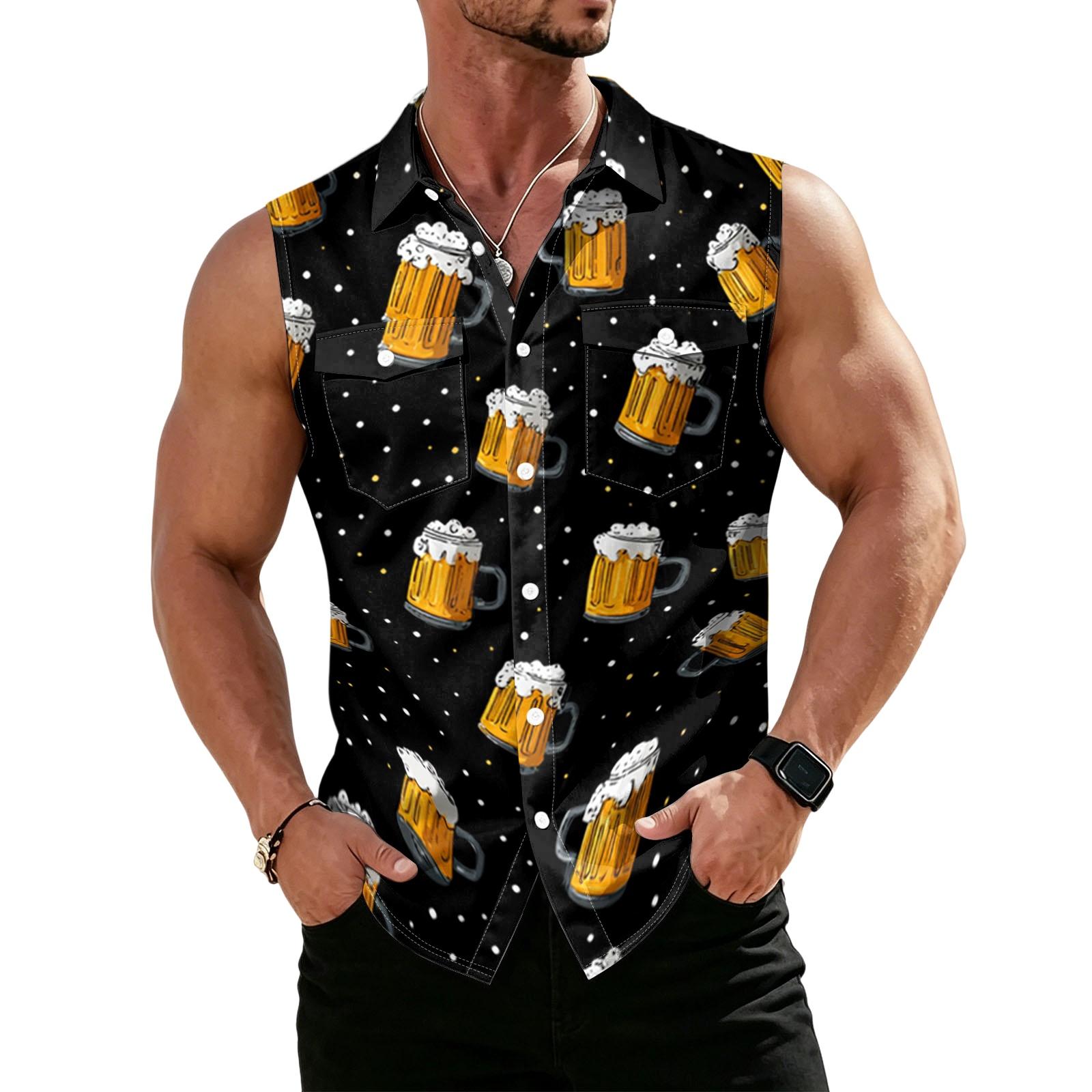 Men Sleeveless Button Down Shirt Casual Summer Beach Shirt Lightweight Breathable Fabric Printed Design Relaxed Fit S