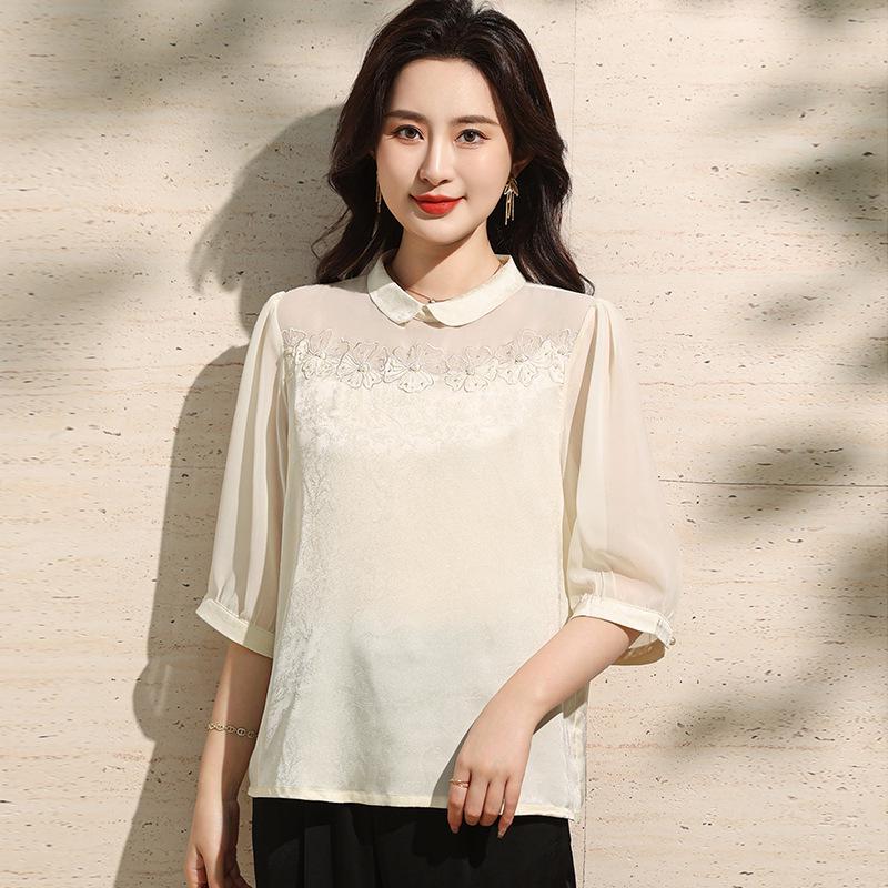 Elegant Chinese Style Summer T-shirt for Middle-aged and Elderly Women: Dignified Seven-point Sleeve Loose Top