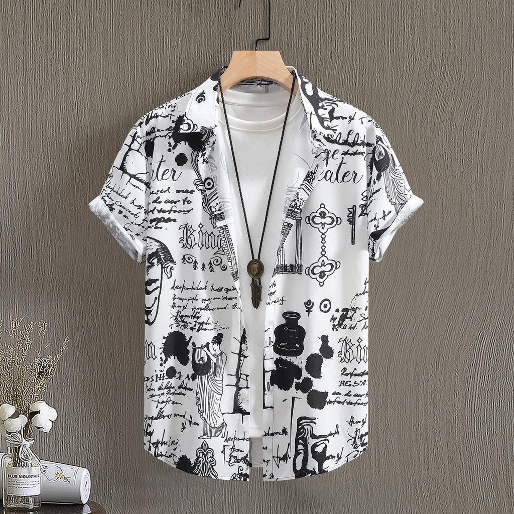 Men Summer Short Sleeved Shirts with Lettering Ink Graffiti Printing Digital Printing Shirt