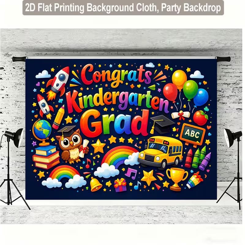 2D Kids Graduation Party Backdrop with "Congrats Kindergarten Grad" Text Photo Background