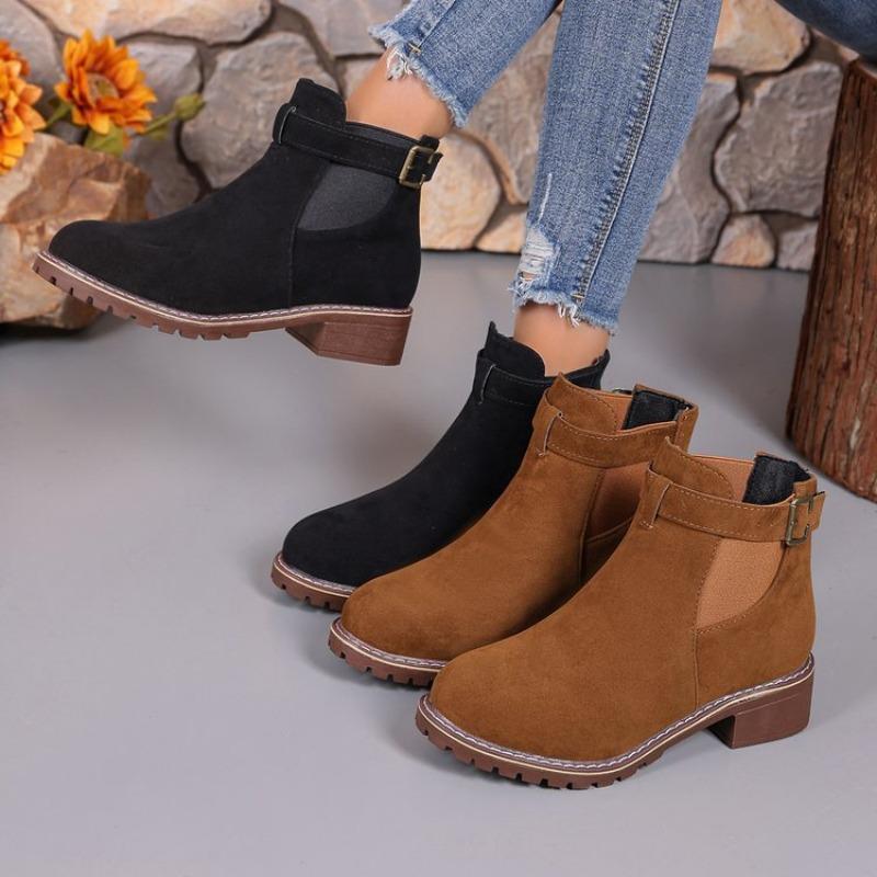 Women's Boots Autumn New Fashion Round Toe Suede Thick Heel Booties Women Belt Buckle Ankle Boots Mujer Plus Size 35-43