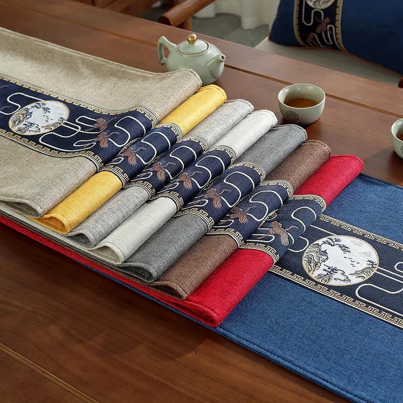 Chinese Style Table Flag Waterproof Oil Resistant Tassel Table Runner Tea House Tea Towels Zen Tea Table Cloth Hotel Bed Flag