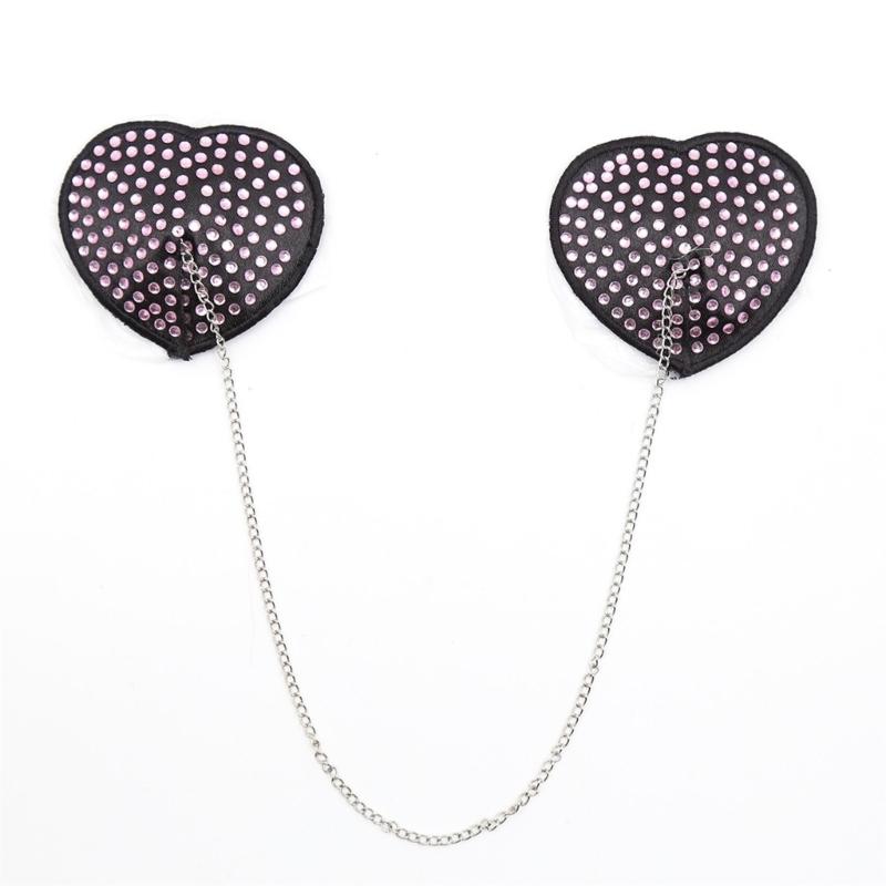 Women Adhesive Nipple Cover Rhinestones Heart Pasties with Metal Chain Reusable Chest Stickers Breast Cover Bra Petals
