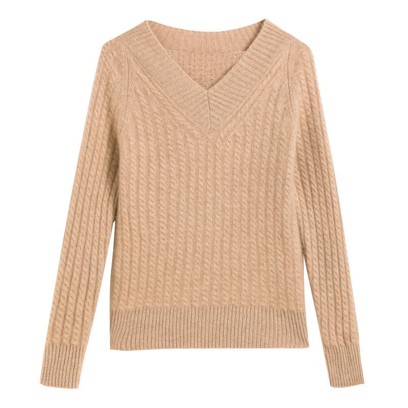 Women's Thick V-neck Cashmere Sweater: Pure Color Loose Knit for Autumn and Winter