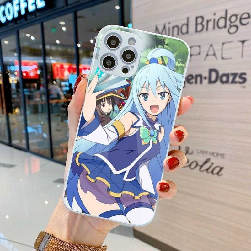 Cute Konosuba Anime Girl Phone Case For IPhone 14 13 12 11 Pro Max X XR XS 8 7 Plus Liquid Glass Color Phone Cover