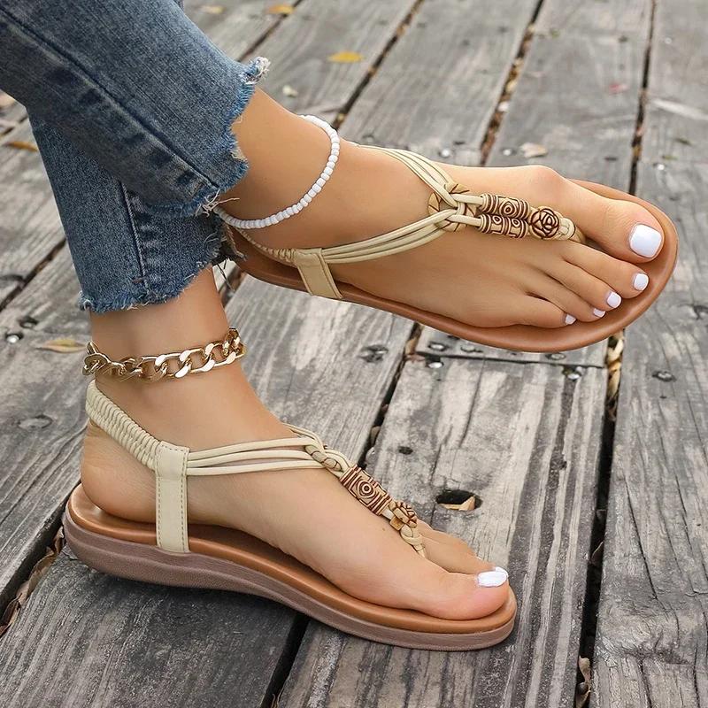 Bohemian Style Women's Beaded Flat Sandals Casual Clip Toe Soft Sole Beach Shoes Woman Lightweight Elastic Band Summer Sandals