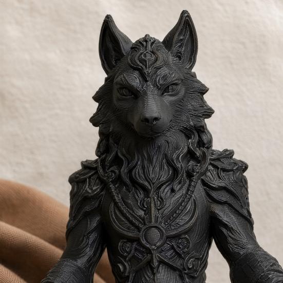 Yousheng 3D Printed Gothic Werewolf Meditation Statue, Zen Beast Warrior Sculpture with Round Base, Matte Black Fantasy Desk Decor, Unique Gift for
