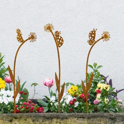 Rust Metal Ladybug & Dandelion Garden Stakes, 3-Piece Set for Flower Pot & Corner Decoration