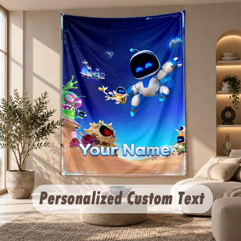 Astro Bot Wandteppich, Personalisierter Wunschtext, Wandbehang für Wohnzimmer Heimwanddekoration