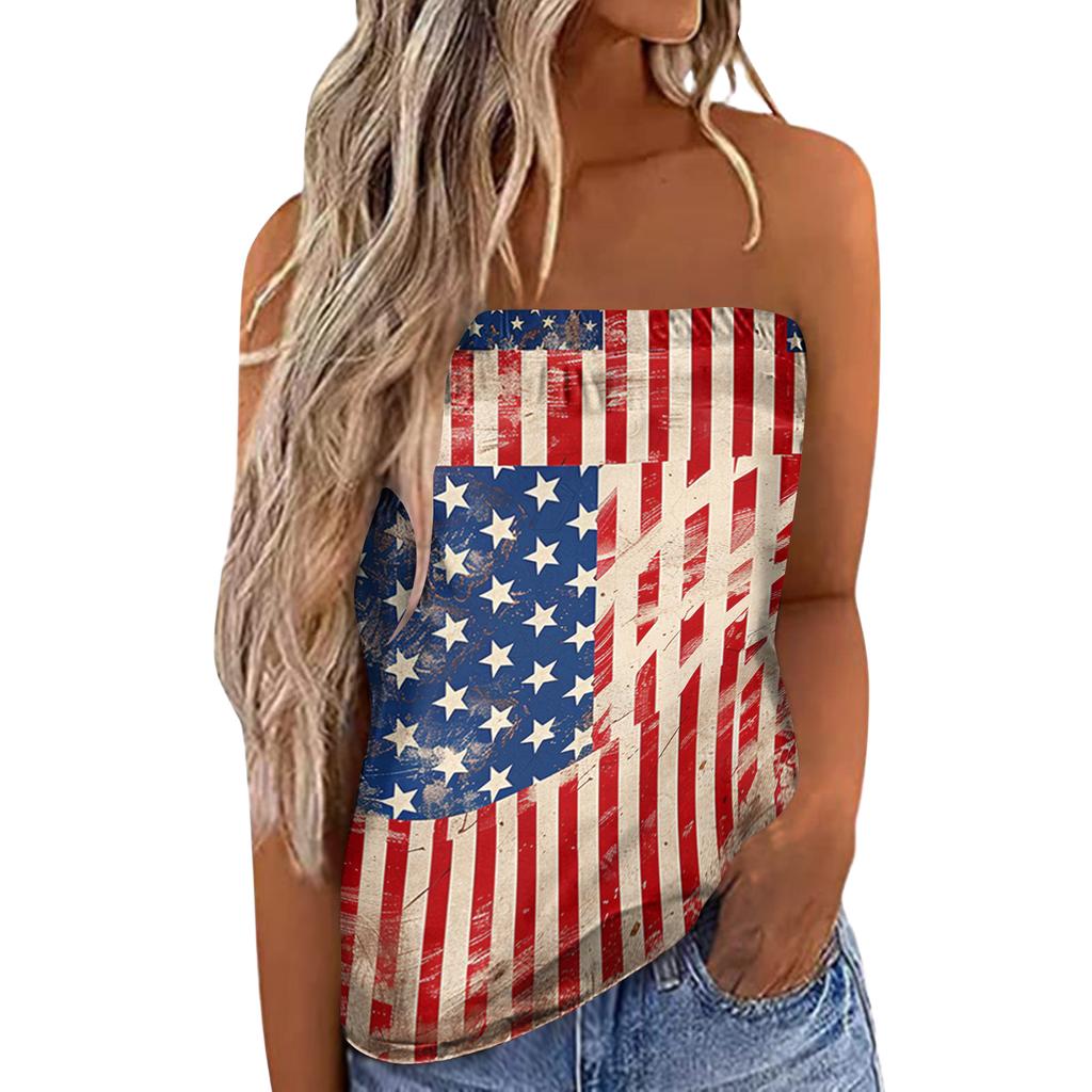 Women's Summer Sexy Strapless Off-Shoulder Elastic Band Design Independence Day Print Top