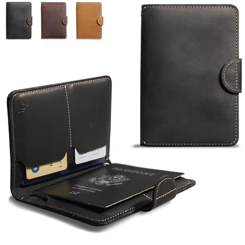 

XGUO Genuine Leather Passport Case - Fits 3 Passports, Includes AirTag Slot & 2 Card Pockets, RFID Blocking, Button Closure, Travel Wallet for Family
