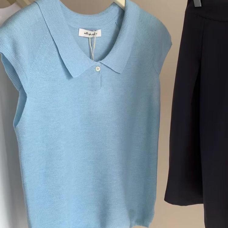 Women's 2025 Summer French Puff Sleeve Ice Silk Knitted Top with Turn-Down Collar