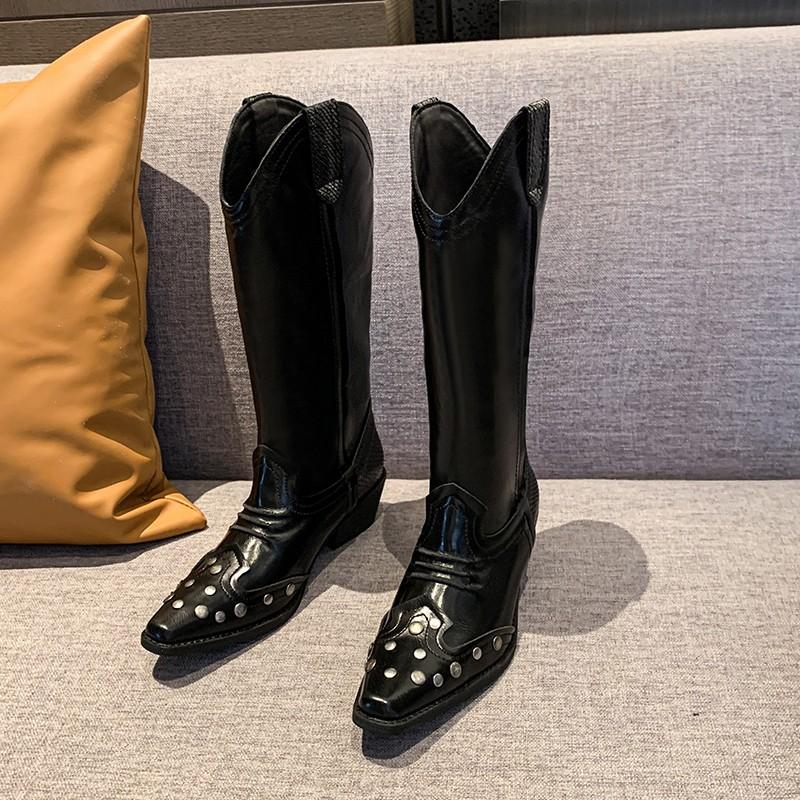 Fashion High Boots Autumn New Pointed Toe Spliced Rivet Soft Sole Anti-Slip Wear-Resistant Block Heel Single Boots