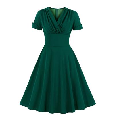 Damen Kurzärmeliges Einfarbiges Retro V-Ausschnitt Kleid mit Plissierter Taille und Großem Schwingrock