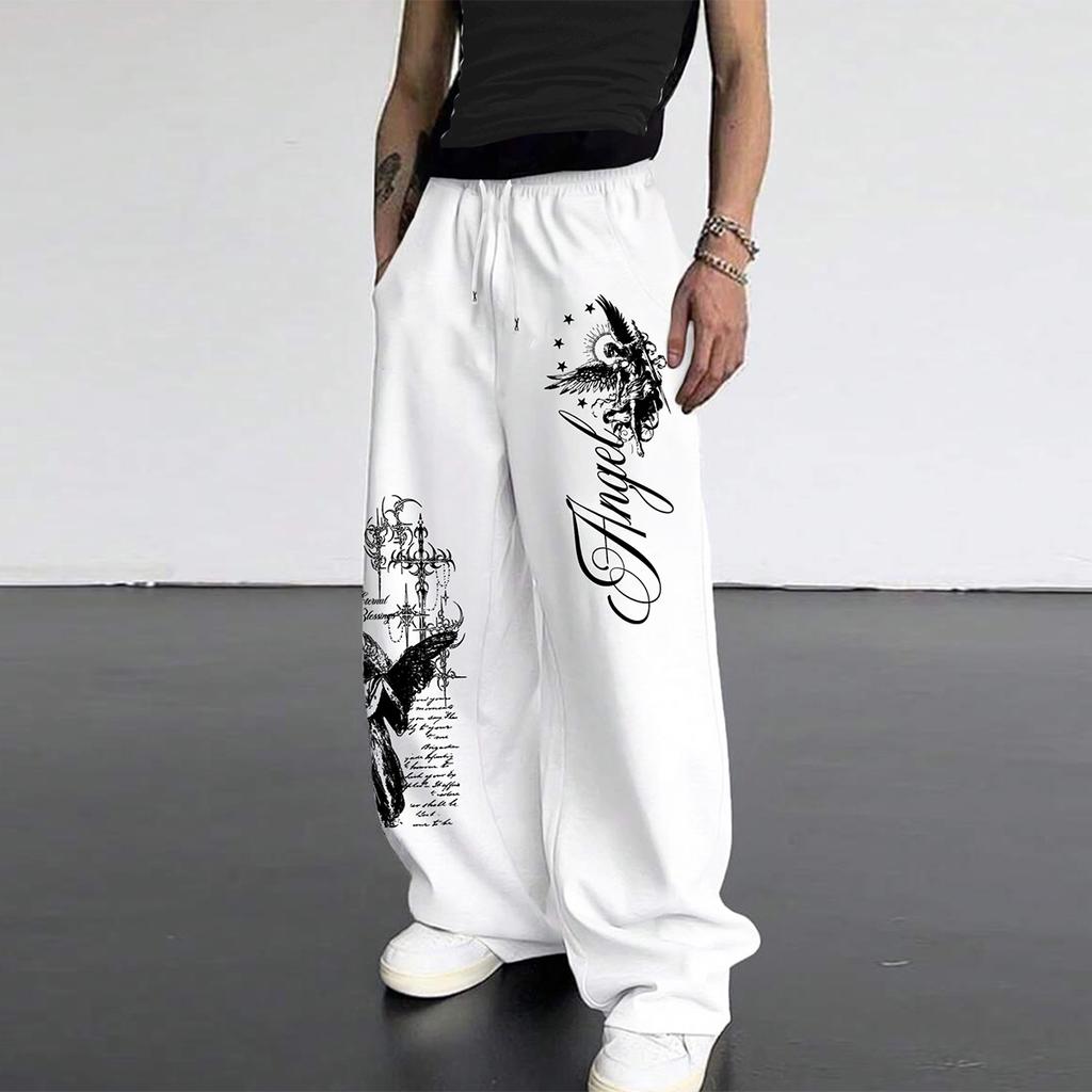 Dark Punk-Style “Angel and Sword” Print Wide-Leg Pants; Unisex High-Street Drawstring Relaxed-Fit Straight-Leg Sweatpants