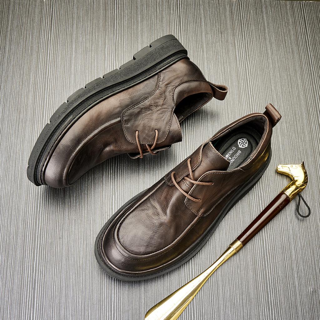 Casual Leather Shoes Men'S Genuine Leather British Style Thick-Soled Breathable Green Business Shoes Lace-Up Round Head Soft Sole Trendy Men'S Shoes