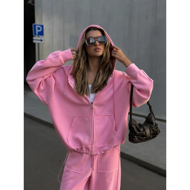 Womens Streetwear Casual 2-Piece Set: Zip-Up Hooded Long Sleeve Top Drawstring Wide Leg Pants Solid Color Knit Outfit