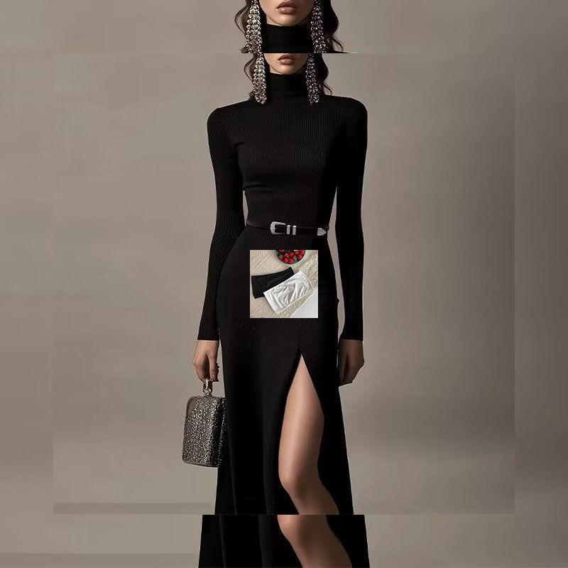 

Ankola Women s Black High-Neck Knit Dress - Slim Fit, Hip Wrap, Autumn/Winter 2025 Collection S