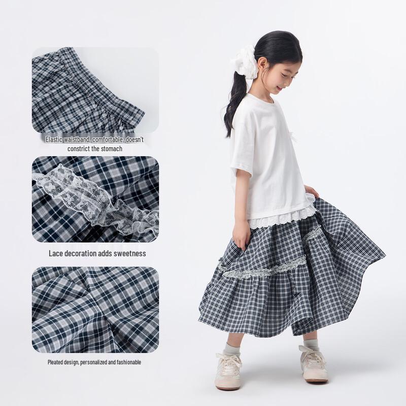 Girl's Plaid Pleated Skirt with Lace Trim