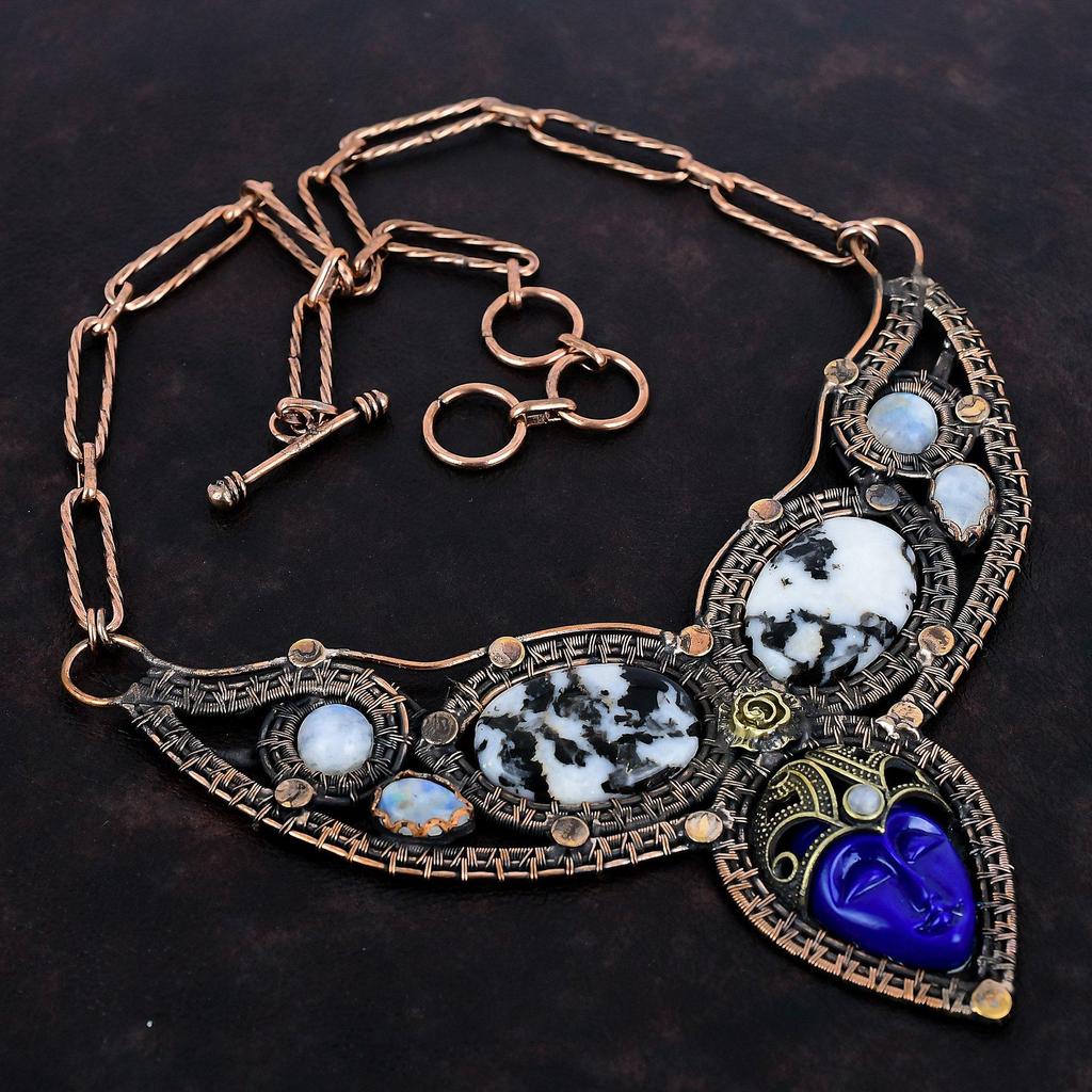 Blue Carved Bone Face Necklace Copper Wire Wrapped Gemstone Jewelry Adjustable Chain Necklace White Buffalo Turquoise And Moonstone Necklace