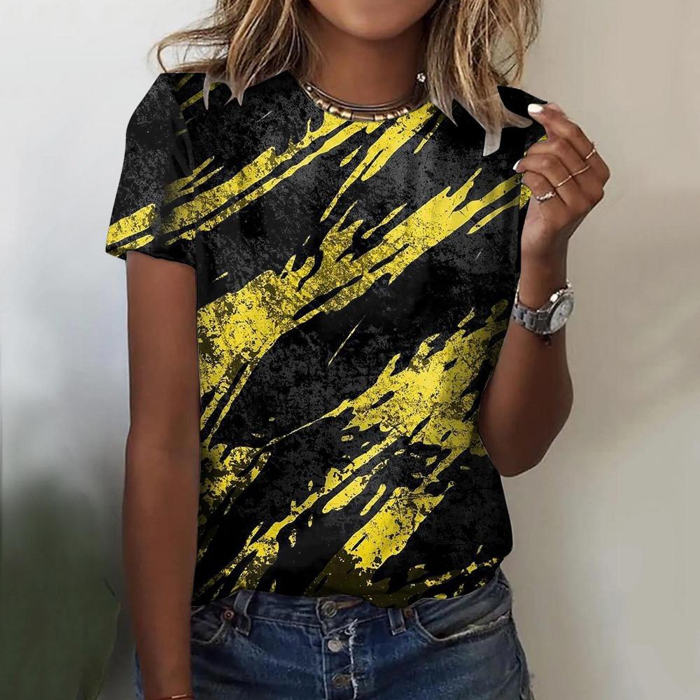 Women s T-shirt loose 3D color pattern printed fashionable O-neck 2XS