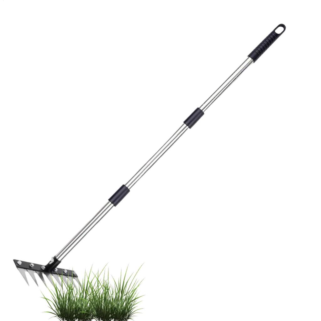 8-tooth Heavy-duty Thatch Rake Stainless Steel Weeding Dethatcher Adjustable Length Outdoor Tilling Tool For Soil Plowing Hoeing