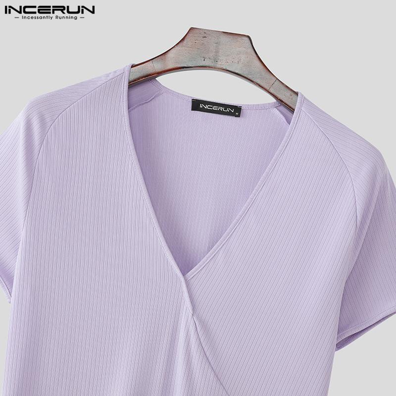 INCERUN Letné pánske tričká s krátkym rukávom a výstrihom do V, bežné priliehavé rebrované základné topy