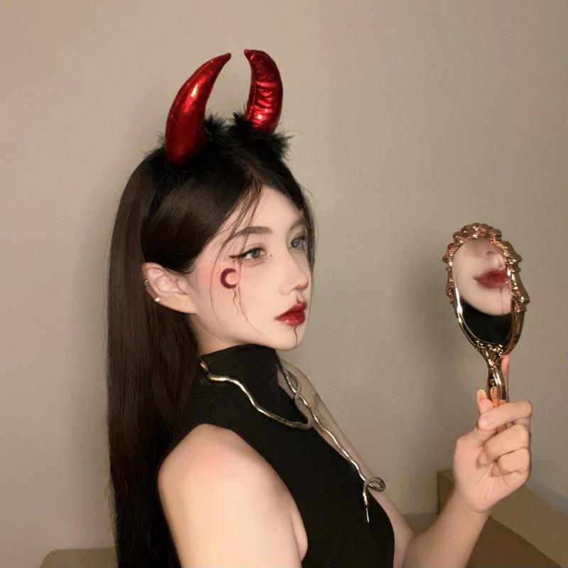 Halloween Headband With Devil Horns Elf Ears Women - Black Red Alloy Costume Accessory Photoshoot Party