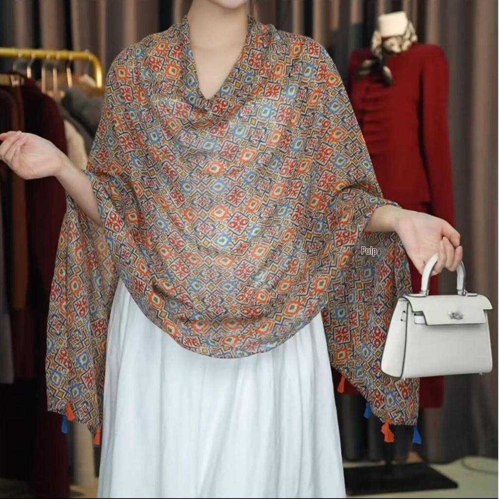 Women's Retro Ethnic Silk Scarf with Frog Button Shawl for Sun Protection