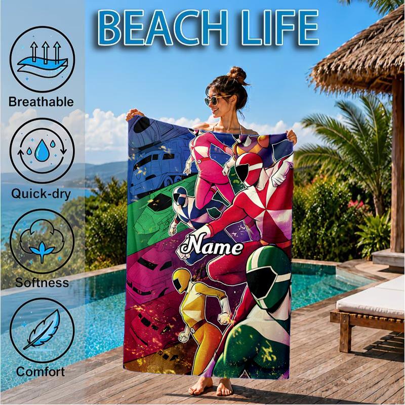 Custom Name Power-Rangers Heroes Beach Towel Microfiber Beach Towel, Lightweight and Quick-Dry, for Summer Travel, Swimming Pool Gift