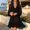 Plus Size Pleated Dress Women's Summer Mini Dress, Sheer Mesh Long Sleeve Tiered Ruffle Lace Cuff Swing V Neck Casual Loose Beach Vacation Short