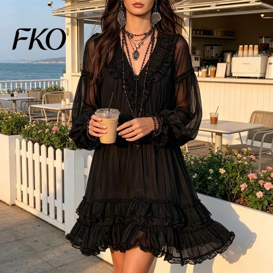 Plus Size Pleated Dress Women's Summer Mini Dress, Sheer Mesh Long Sleeve Tiered Ruffle Lace Cuff Swing V Neck Casual Loose Beach Vacation Short